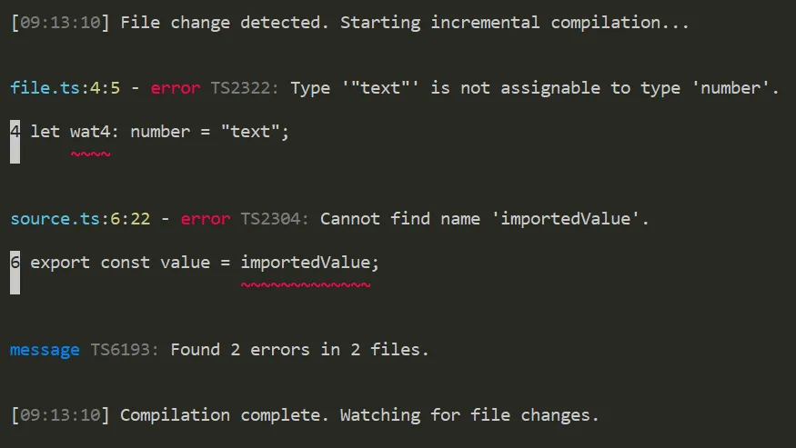 TypeScript --pretty --watch output showing colors on file locators and red squigglies, with a blue message before a diganostic saying 'Found 2 errors in 2 files.'